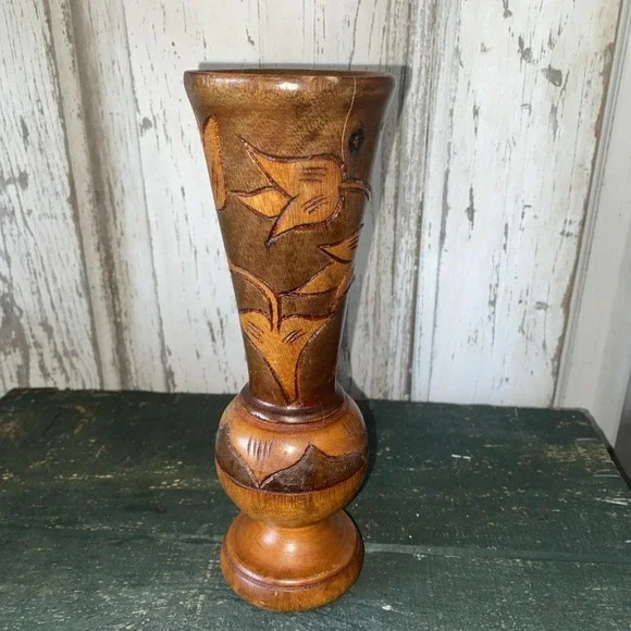 Vintage MCM Wooden Vase With Carved Leaves and Flowers 9" Tall - Picture 2 of 7